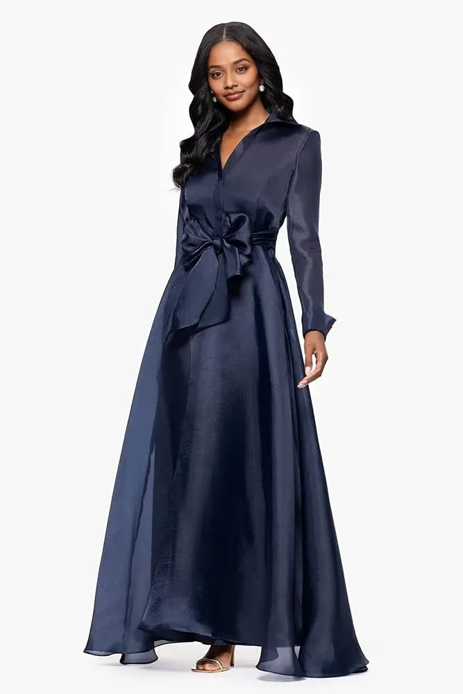 Classic A-Line Shirt Collared Long Sleeve Full Coverage Back Floor-Length Prom Dress
