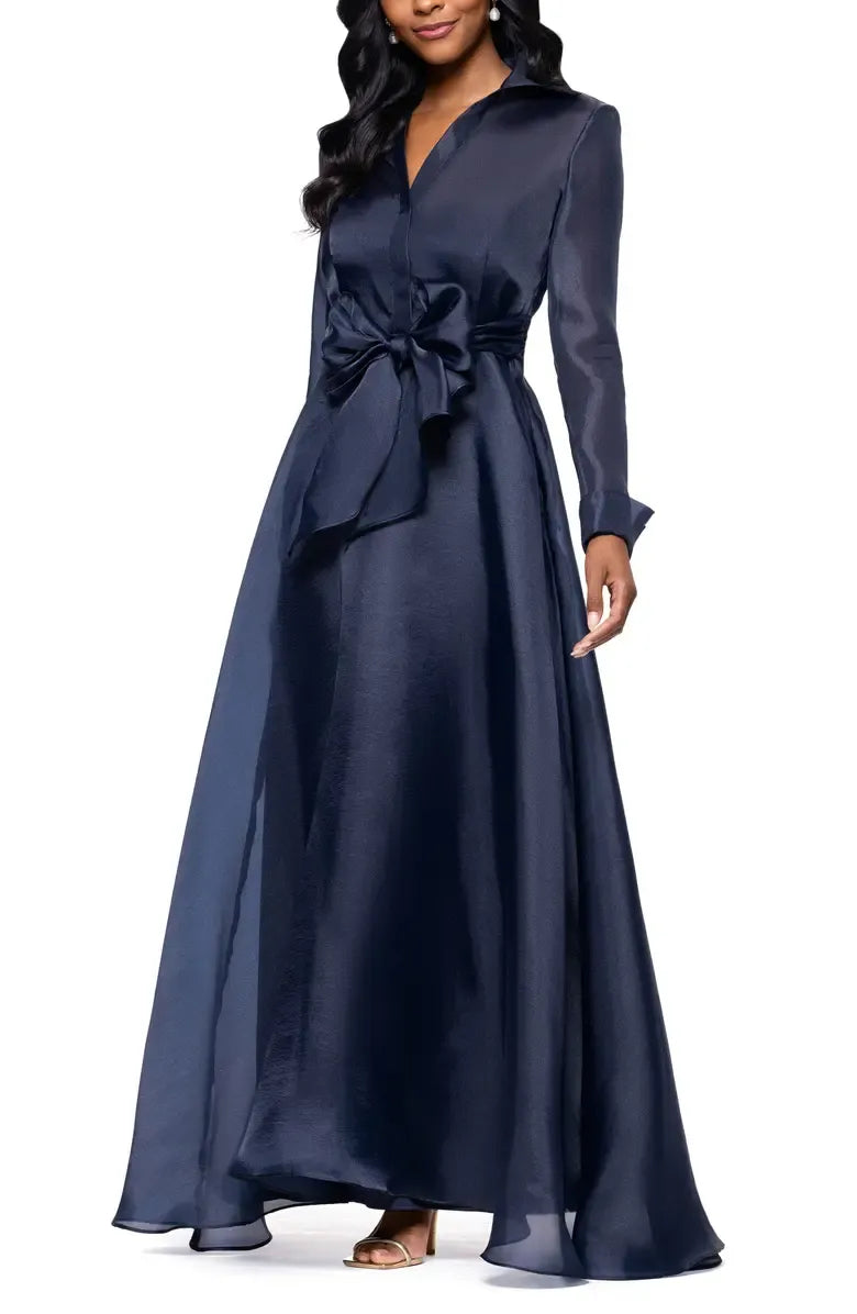Classic A-Line Shirt Collared Long Sleeve Full Coverage Back Floor-Length Prom Dress