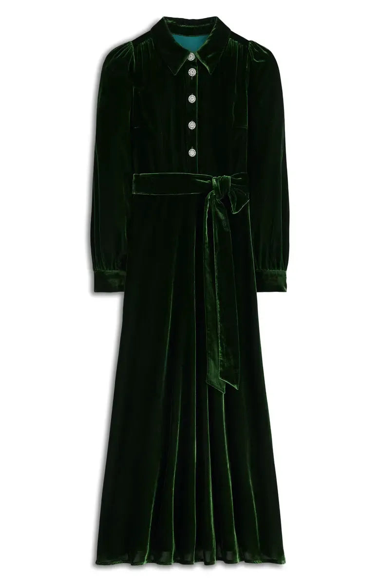Classic A-Line Shirt Collared Long Sleeve Velvet Ankle-Length Prom Dress