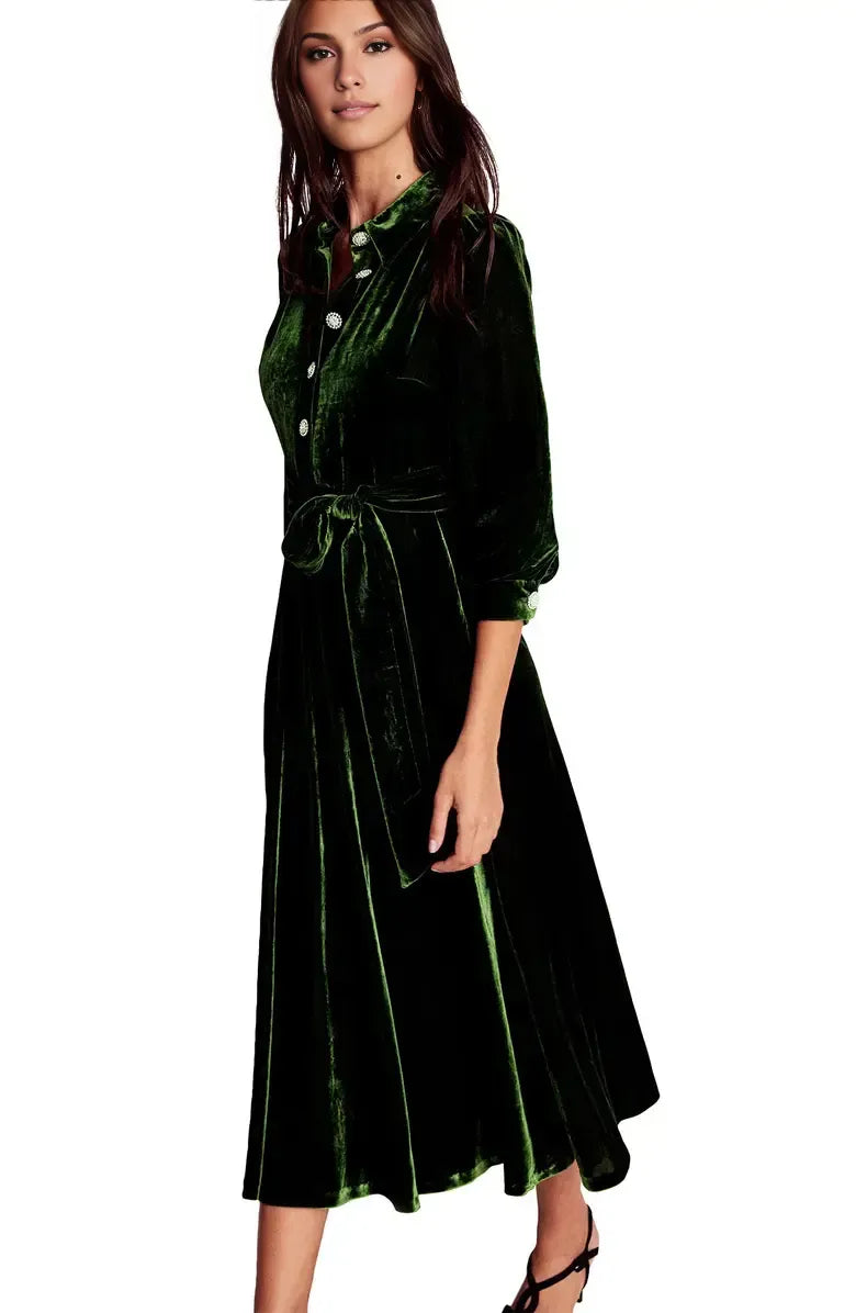 Classic A-Line Shirt Collared Long Sleeve Velvet Ankle-Length Prom Dress