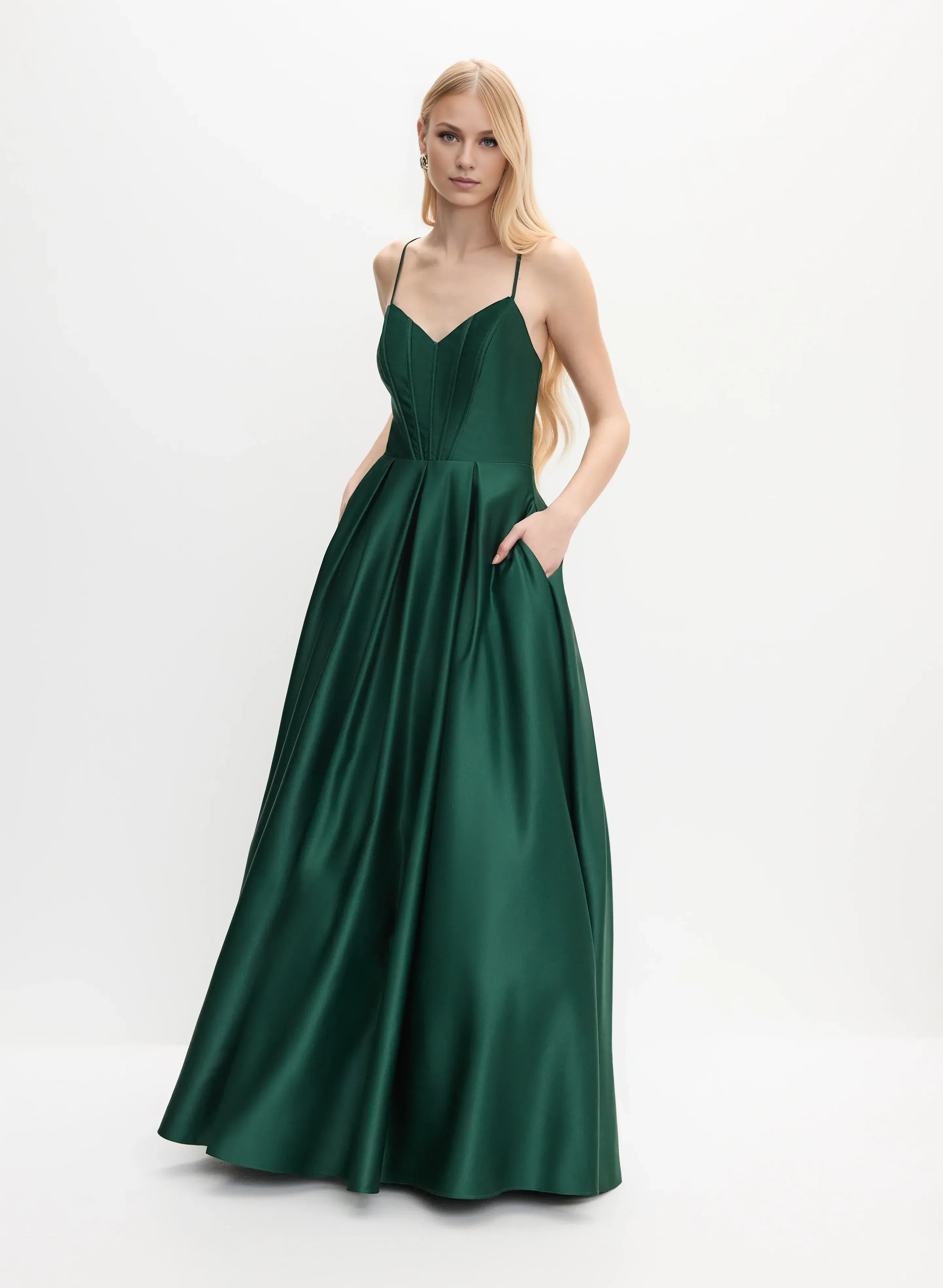 Classic A-Line Spaghetti Straps Sleeveless Satin Floor-Length Prom Dress