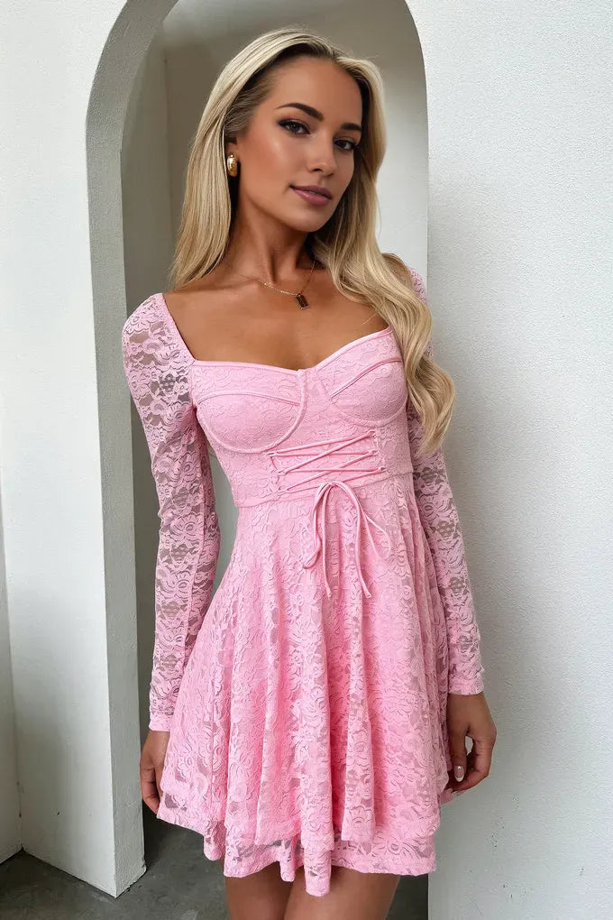 Classic A-Line Square Neck Long Sleeve Pleated Ruffles Lace Short-Mini Homecoming Dress