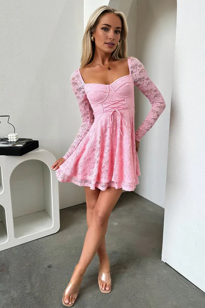 Classic A-Line Square Neck Long Sleeve Pleated Ruffles Lace Short-Mini Homecoming Dress