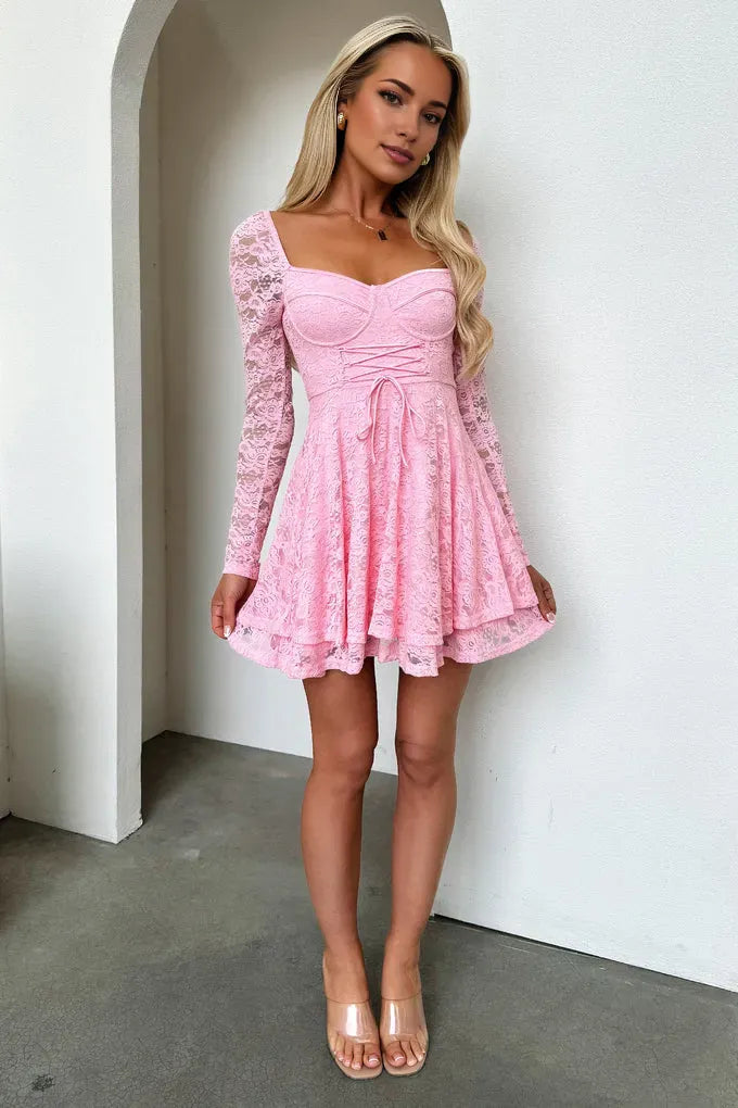 Classic A-Line Square Neck Long Sleeve Pleated Ruffles Lace Short-Mini Homecoming Dress