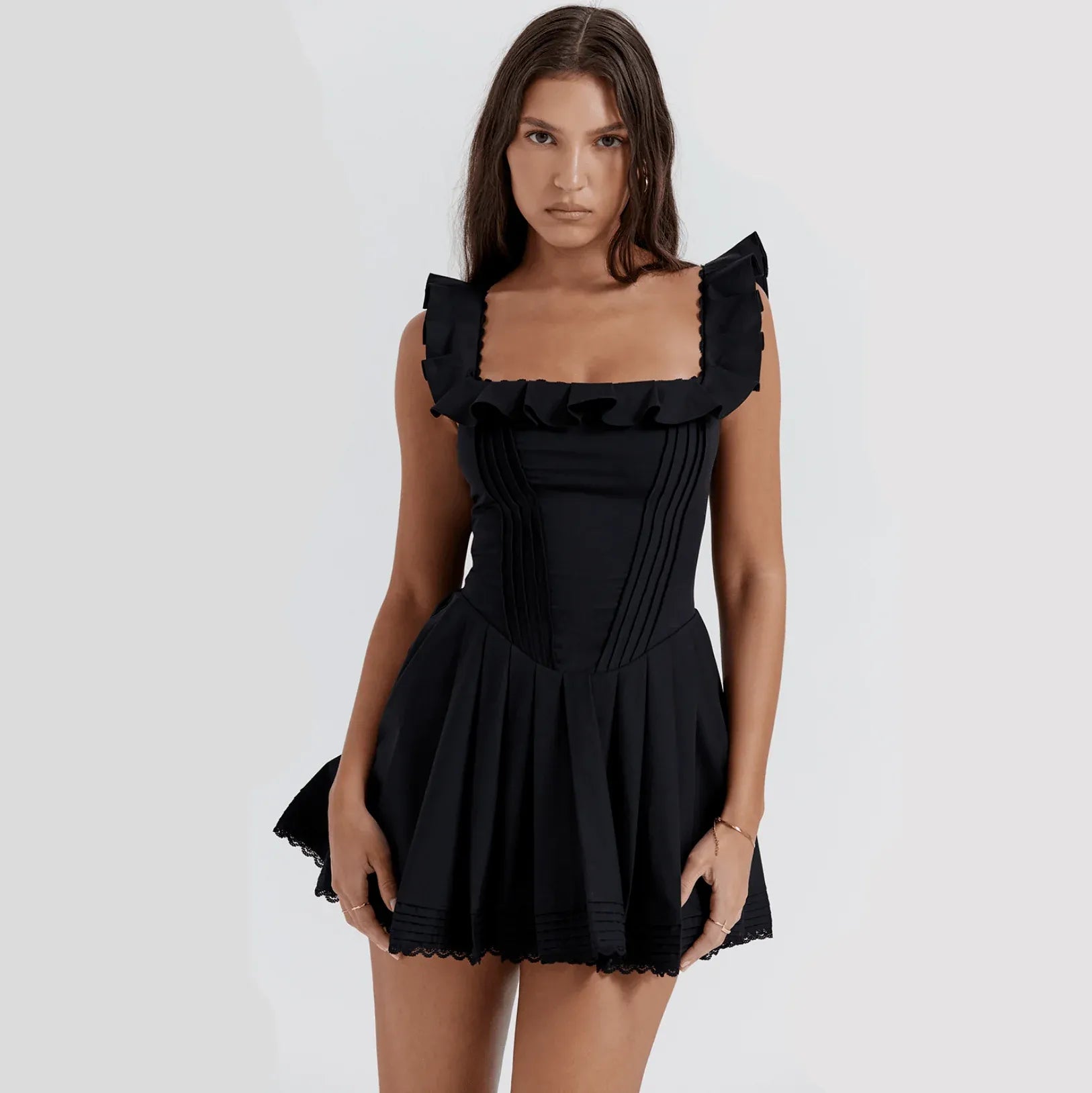 Classic A-Line Square Neck Ruffle-Strap Corset Pleated Black Mini Homecoming Dress
