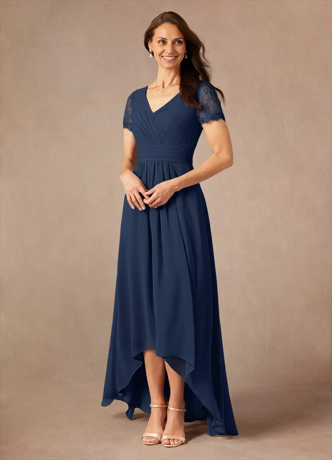 Classic A-Line V-Neck Short Sleeves Back Zip Asymmetrical-Length Mother of the Bride Dress