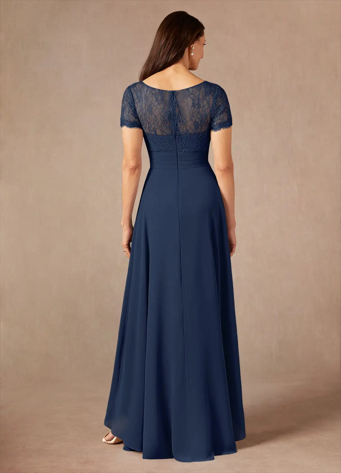 Classic A-Line V-Neck Short Sleeves Back Zip Asymmetrical-Length Mother of the Bride Dress