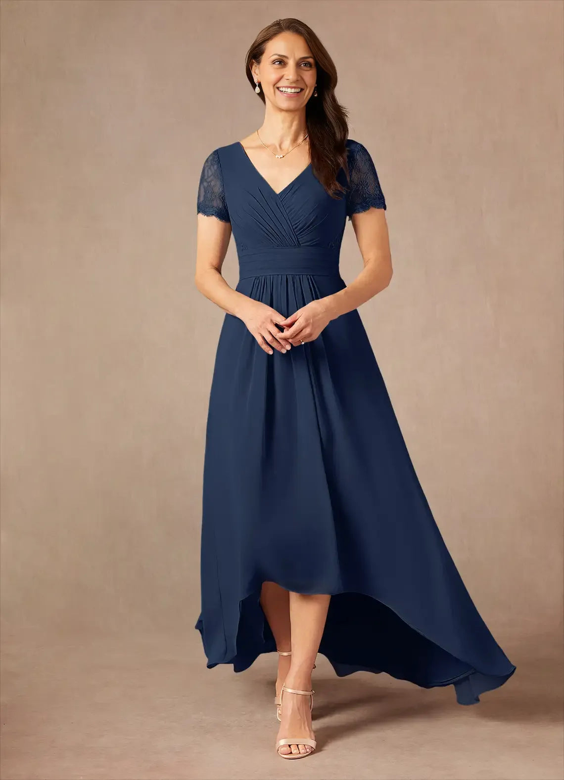 Classic A-Line V-Neck Short Sleeves Back Zip Asymmetrical-Length Mother of the Bride Dress