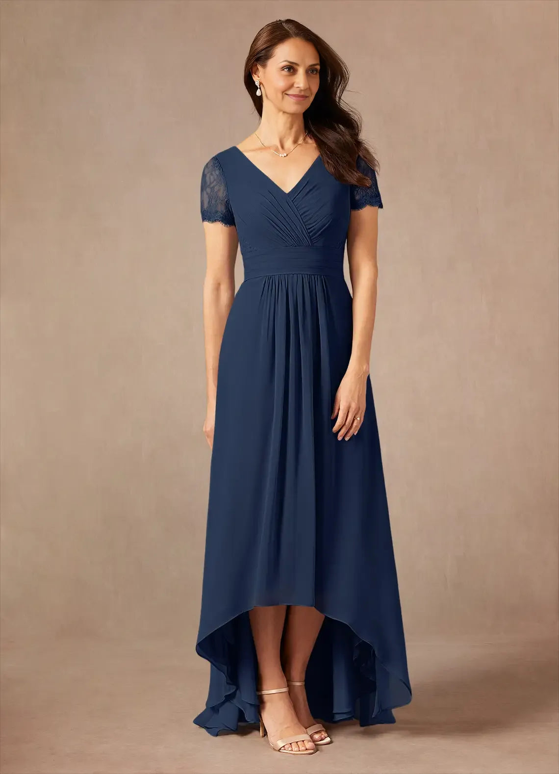 Classic A-Line V-Neck Short Sleeves Back Zip Asymmetrical-Length Mother of the Bride Dress