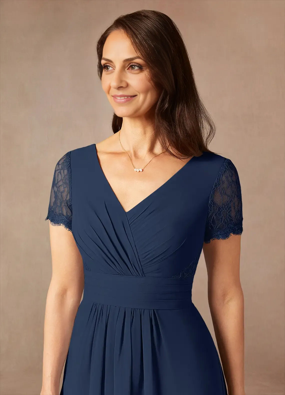 Classic A-Line V-Neck Short Sleeves Back Zip Asymmetrical-Length Mother of the Bride Dress