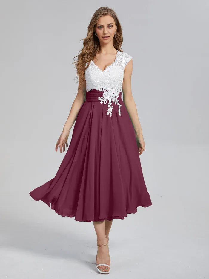 Classic A-Line V-neck Cap Sleeves Chiffon Tea-Length Mother of the Bride Dress