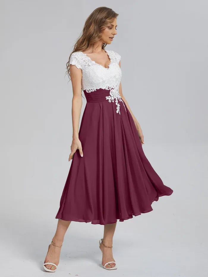 Classic A-Line V-neck Cap Sleeves Chiffon Tea-Length Mother of the Bride Dress