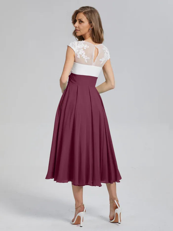 Classic A-Line V-neck Cap Sleeves Chiffon Tea-Length Mother of the Bride Dress