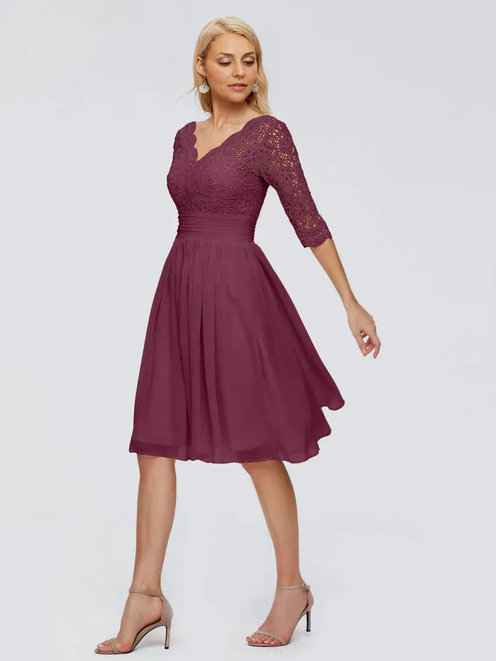 Classic A-Line V-neck Half Sleeves Chiffon Knee-Length Mother of the Bride Dress