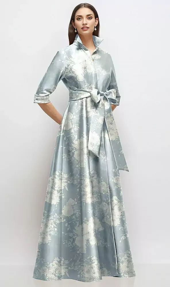 Classic A-Line V Neck 3/4 Sleeve Full Coverage Back Floor-Length Mother of the Bride Dress