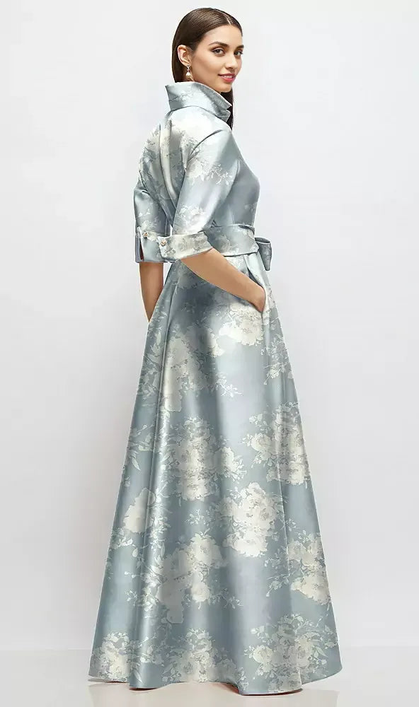 Classic A-Line V Neck 3/4 Sleeve Full Coverage Back Floor-Length Mother of the Bride Dress