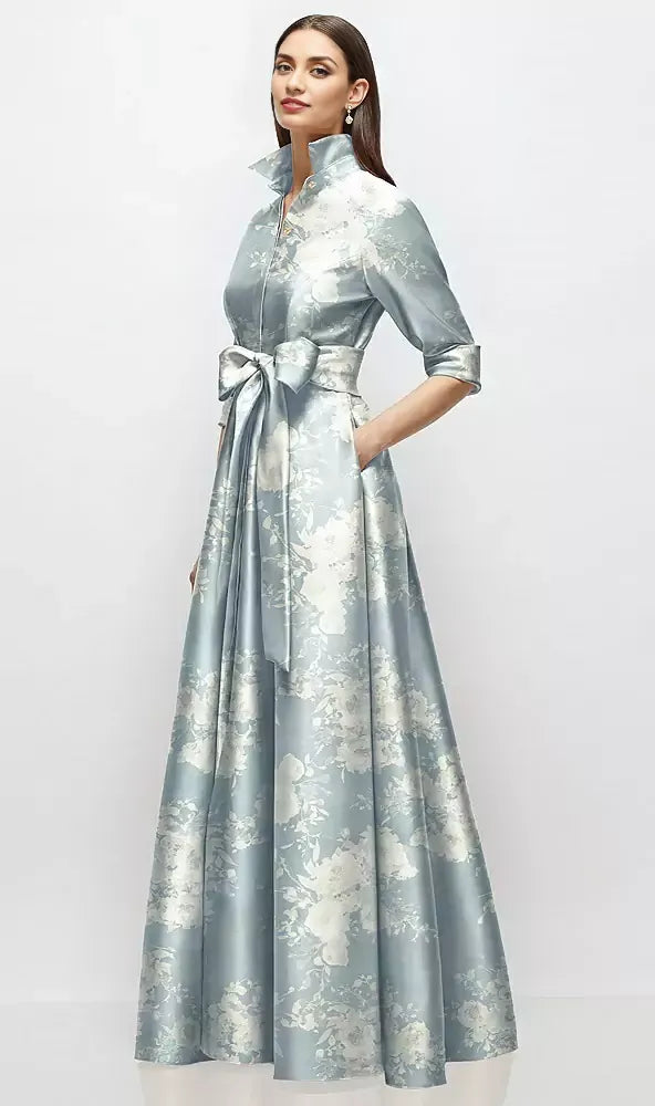 Classic A-Line V Neck 3/4 Sleeve Full Coverage Back Floor-Length Mother of the Bride Dress