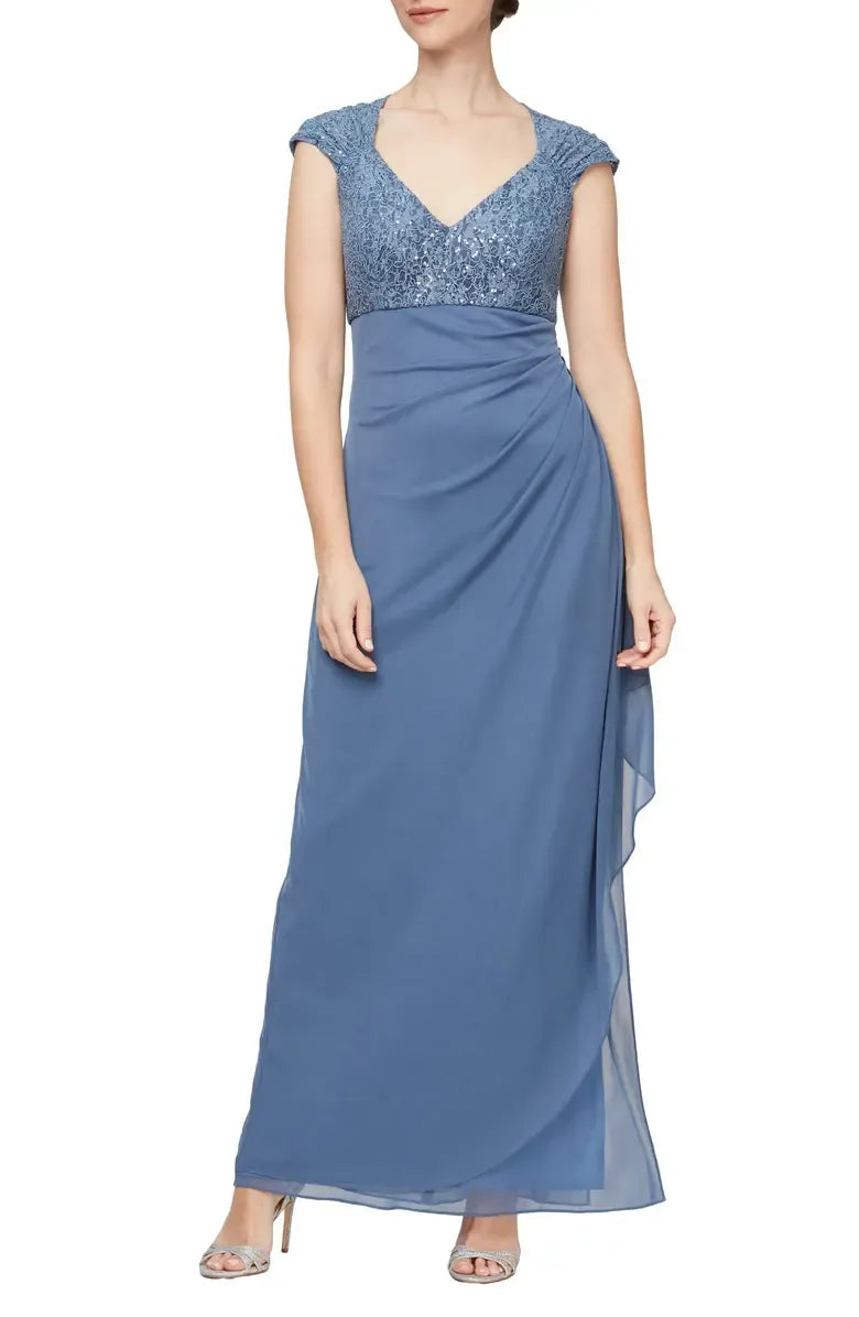 Classic A-Line V Neck Cap Sleeve Sequin Floor-Length Mother of the Bride Dress