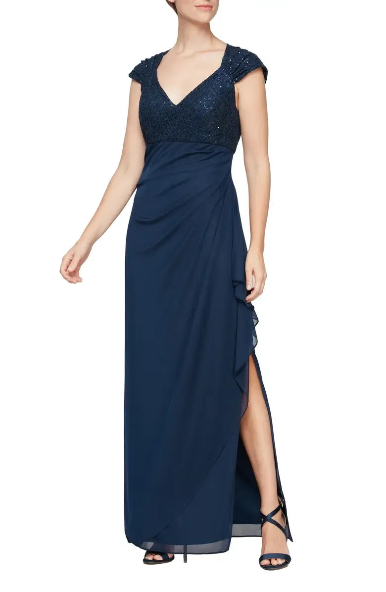 Classic A-Line V Neck Cap Sleeve Sequin Floor-Length Mother of the Bride Dress
