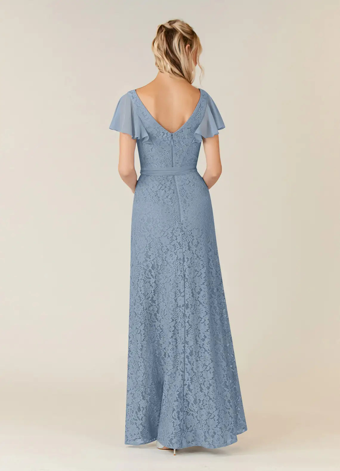 Classic A-Line V Neck Flutter Sleeve Back Zip Asymmetrical-Length Mother of the Bride Dress