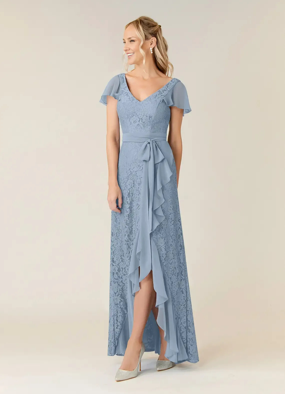 Classic A-Line V Neck Flutter Sleeve Back Zip Asymmetrical-Length Mother of the Bride Dress