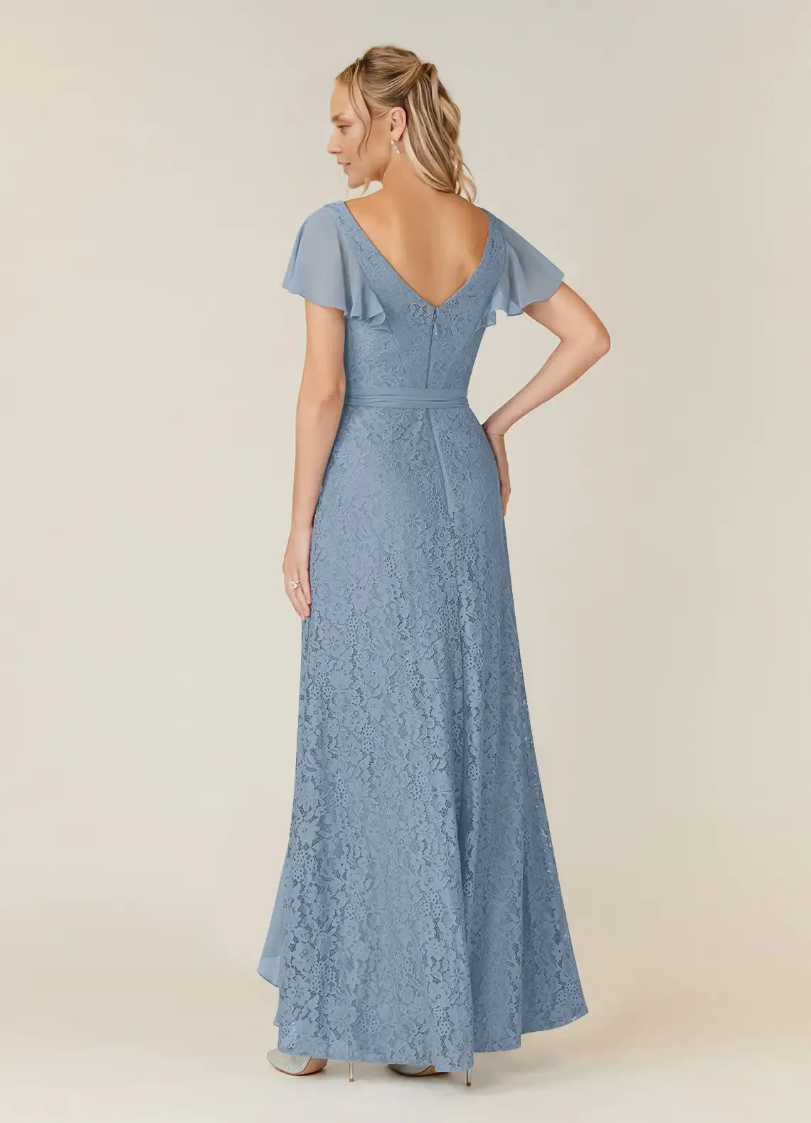 Classic A-Line V Neck Flutter Sleeve Back Zip Asymmetrical-Length Mother of the Bride Dress