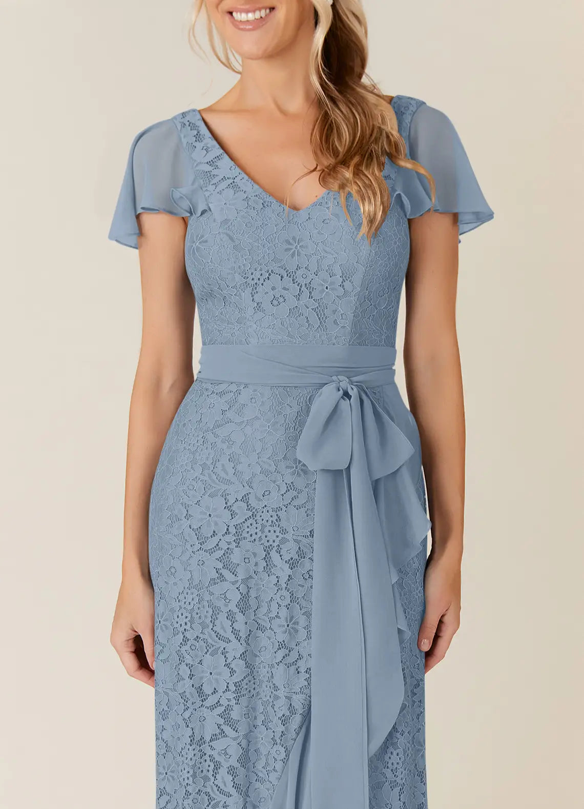 Classic A-Line V Neck Flutter Sleeve Back Zip Asymmetrical-Length Mother of the Bride Dress