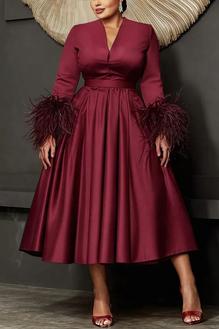Classic A-Line V Neck Long Sleeve Feather Satin Plus Size Midi Length Prom Dress