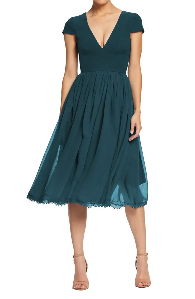 Classic A-Line V Neck Short Sleeve Chiffon Tea-Length Prom Dress