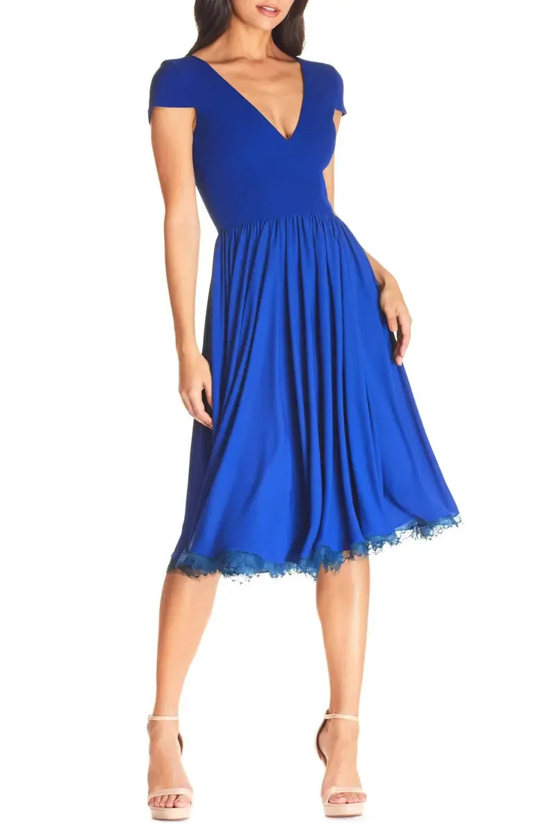 Classic A-Line V Neck Short Sleeve Chiffon Tea-Length Prom Dress