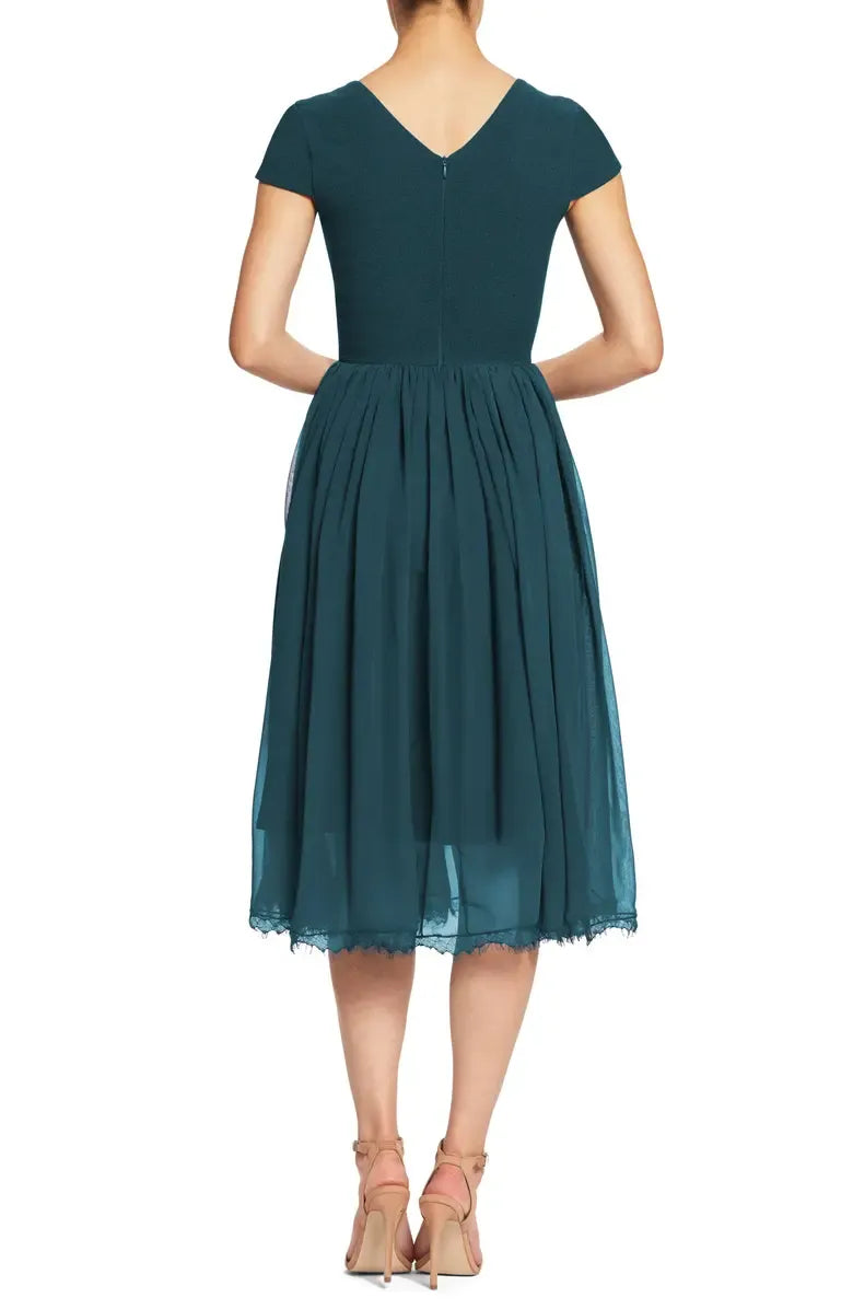 Classic A-Line V Neck Short Sleeve Chiffon Tea-Length Prom Dress