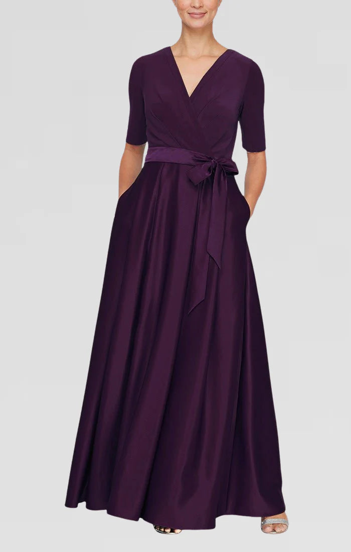 Classic A-Line V Neck Short Sleeve Satin Floor-Length Mother of the Bride Dress