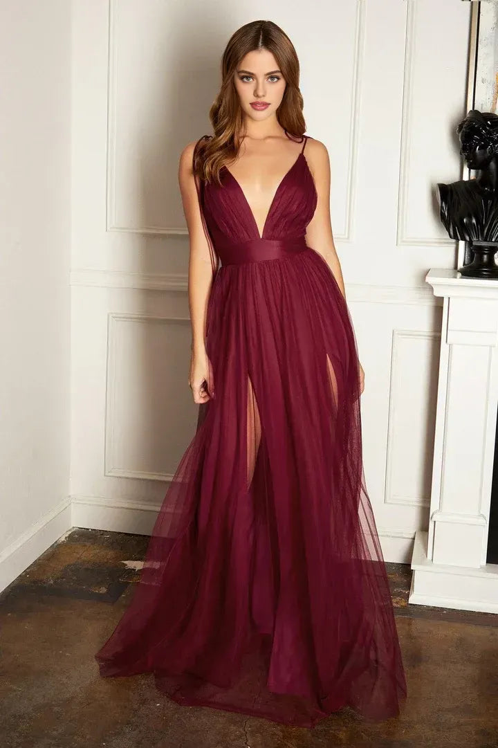 Classic A-Line V Neck Sleeveless Tulle Sweep/Brush Train Prom Dress