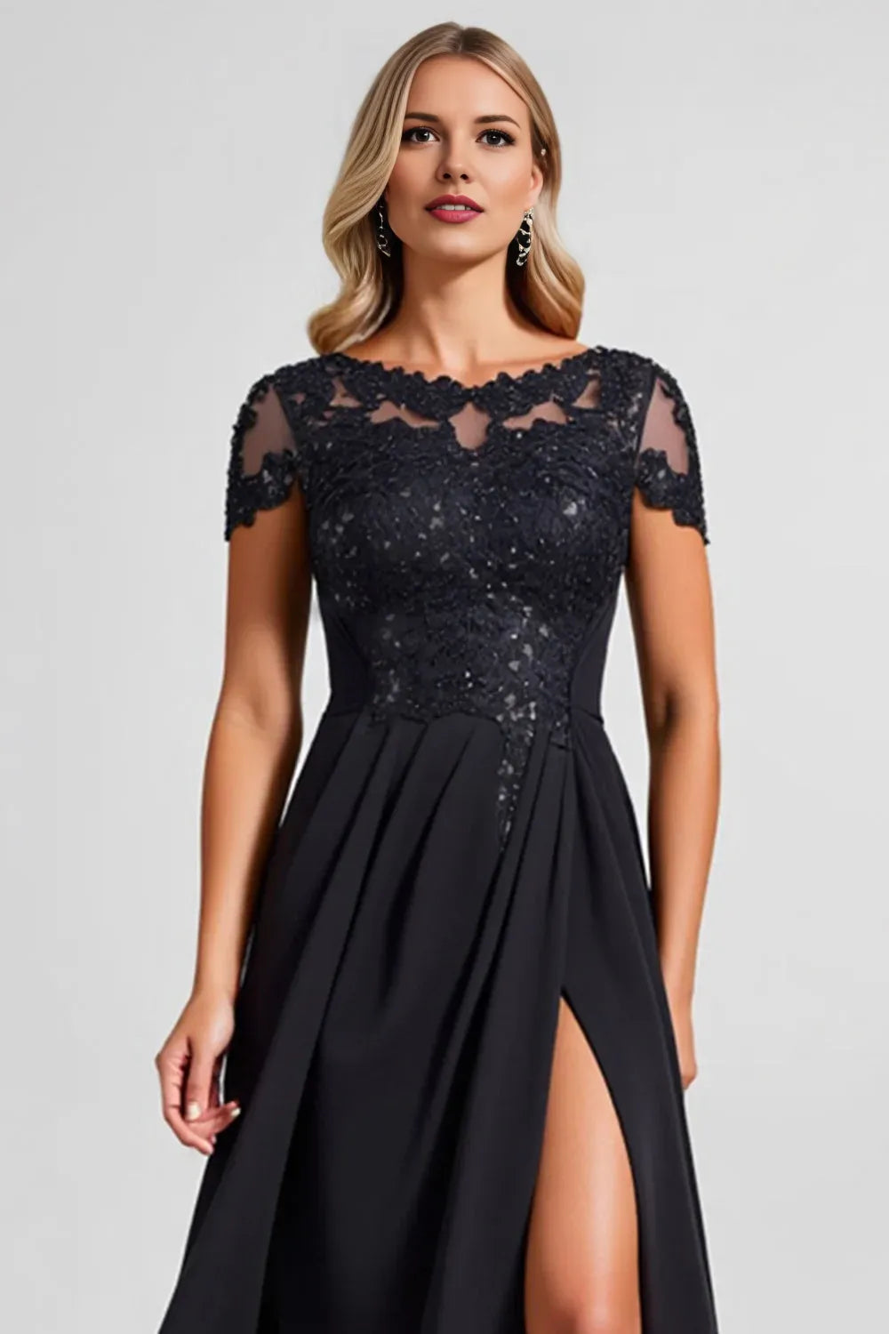 Classic A Line Illusion Boat Neck Cap Sleeve Sequins Floor-Length Evening Dress