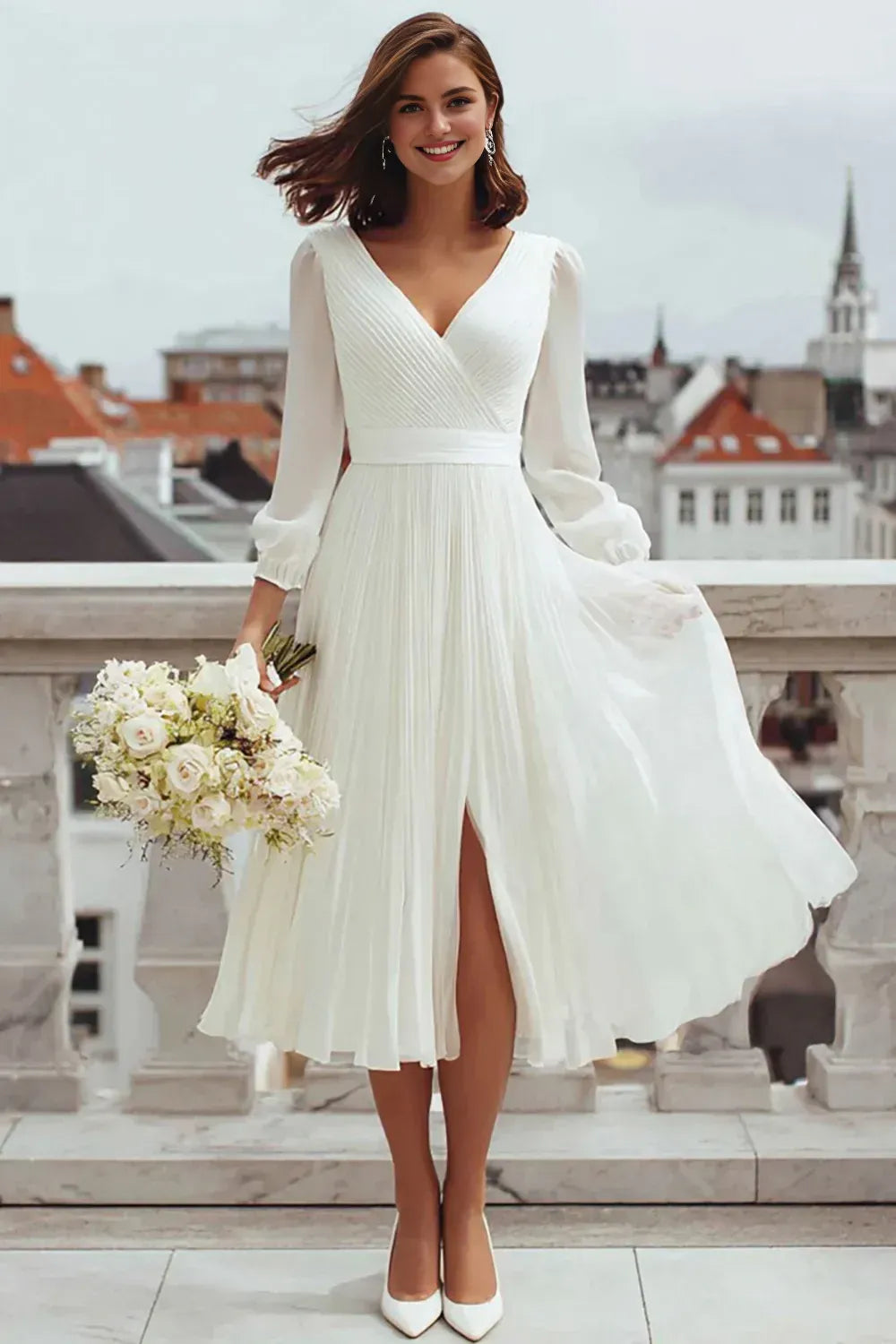 Classic A Line Long Sleeve V Neck Chiffon Slit Tea-Length Wedding Dress