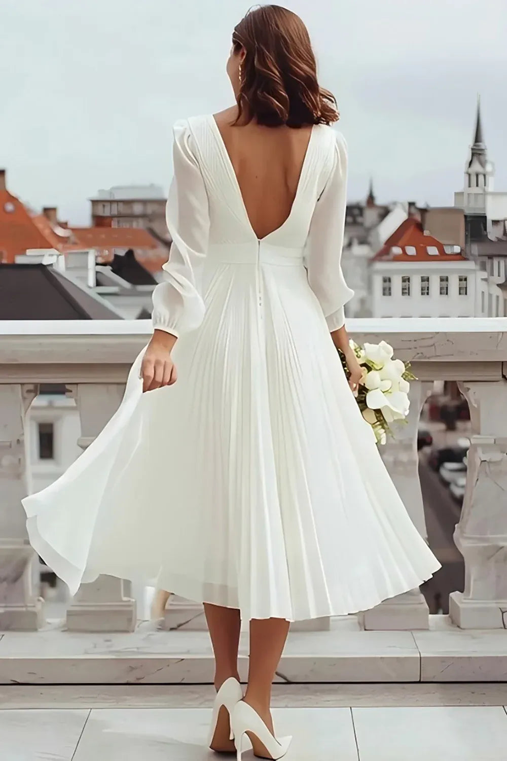 Classic A Line Long Sleeve V Neck Chiffon Slit Tea-Length Wedding Dress
