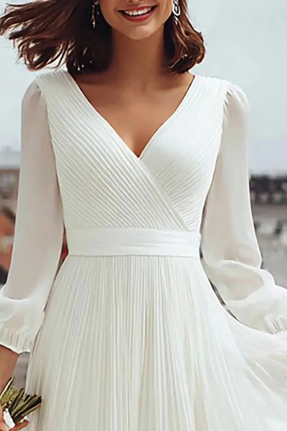 Classic A Line Long Sleeve V Neck Chiffon Slit Tea-Length Wedding Dress