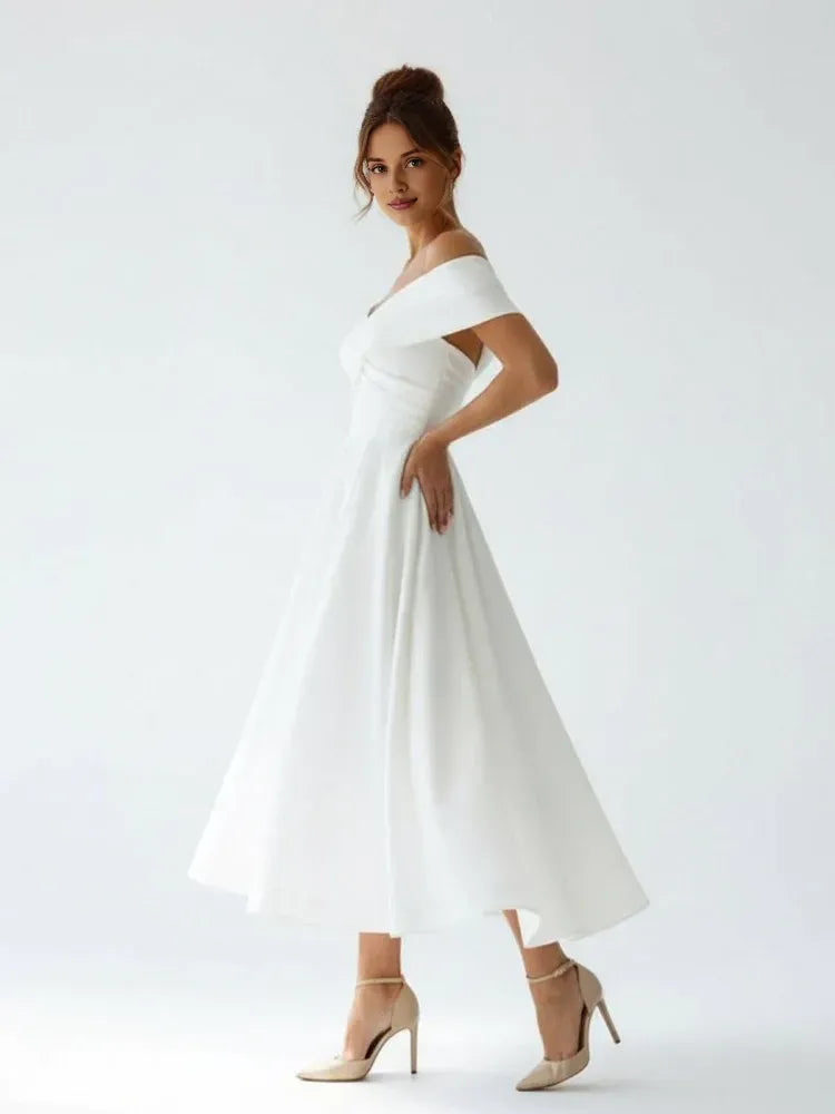 Classic A Line Off the Shoulder Cap Sleeve Pleated Satin Tea Length Wedding Dress
