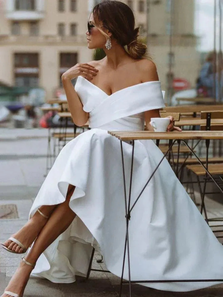 Classic A Line Off the Shoulder Cap Sleeve Pleated Satin Tea Length Wedding Dress