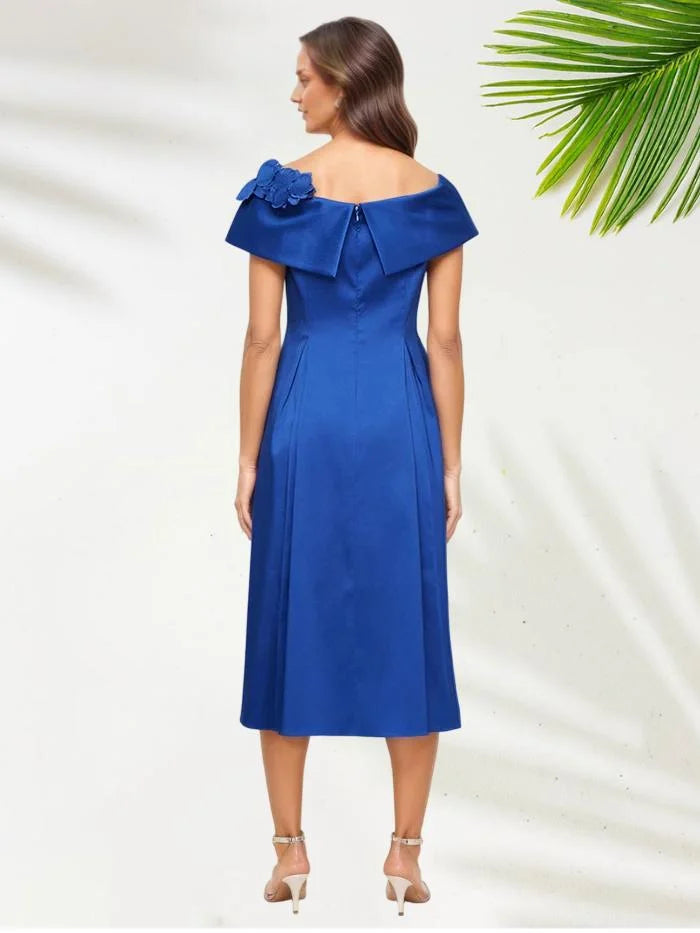 Classic A Line Scoop-neck Cap Sleeves Satin Tea-Length Mother of the Bride Dress