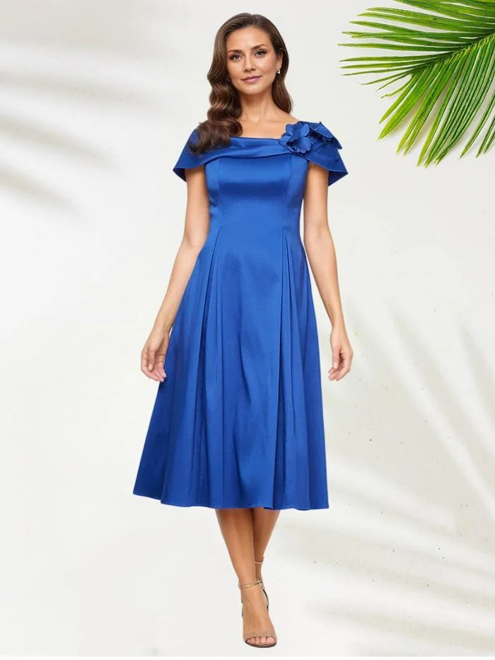 Classic A Line Scoop-neck Cap Sleeves Satin Tea-Length Mother of the Bride Dress