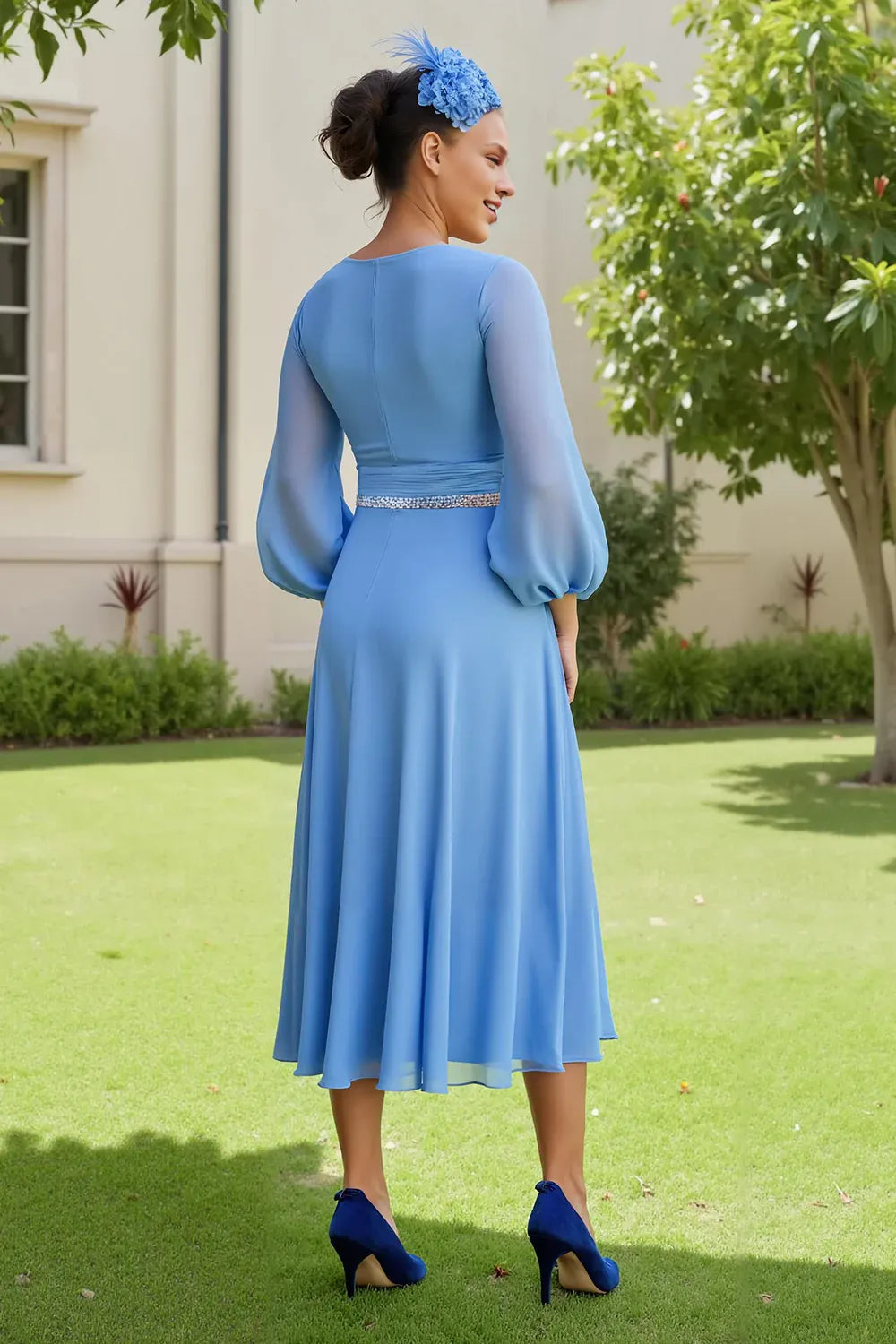 Classic A Line V-Neck Long Sleeve Zipper Up Tea-Length Mother of the Bride Dress