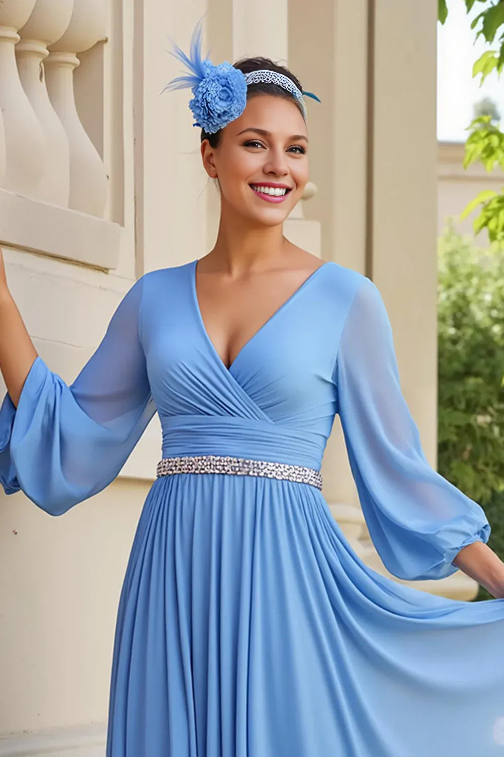 Classic A Line V-Neck Long Sleeve Zipper Up Tea-Length Mother of the Bride Dress