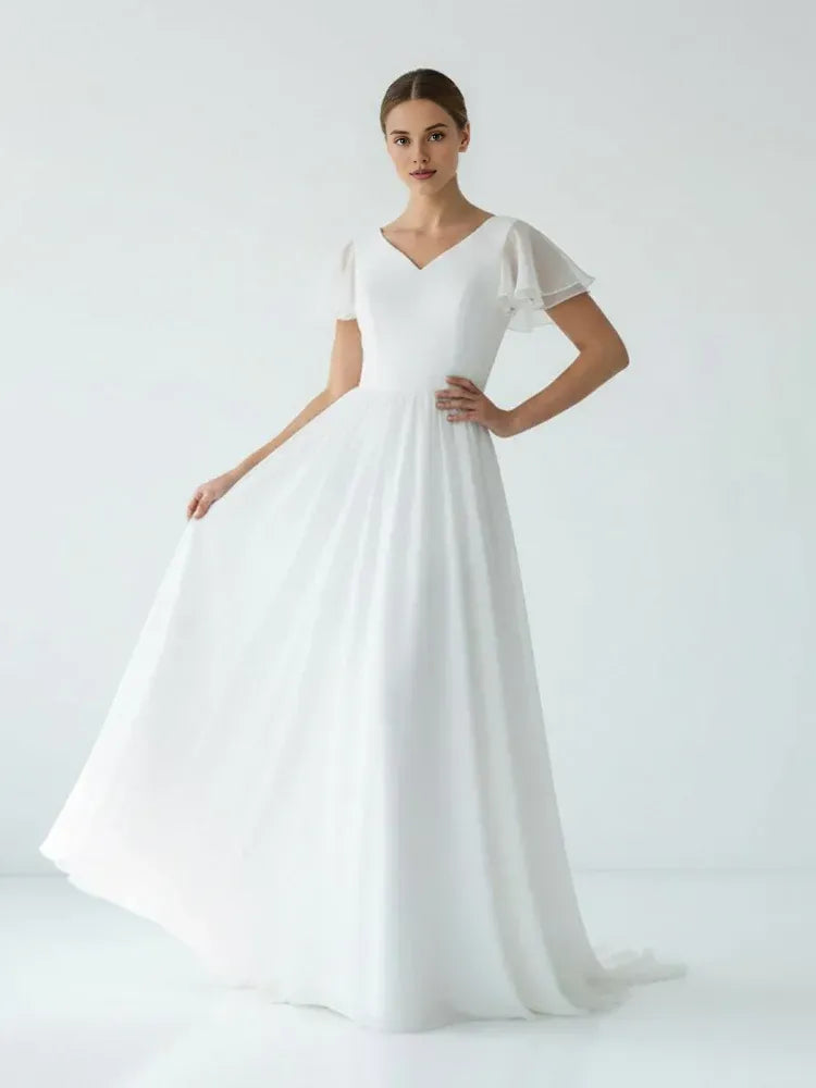 Classic A Line V Neck Short Sleeve Ruffles Chiffon Sweep Train Wedding Dress