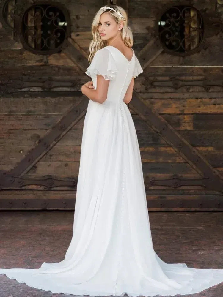 Classic A Line V Neck Short Sleeve Ruffles Chiffon Sweep Train Wedding Dress