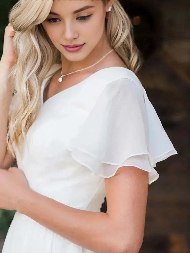 Classic A Line V Neck Short Sleeve Ruffles Chiffon Sweep Train Wedding Dress