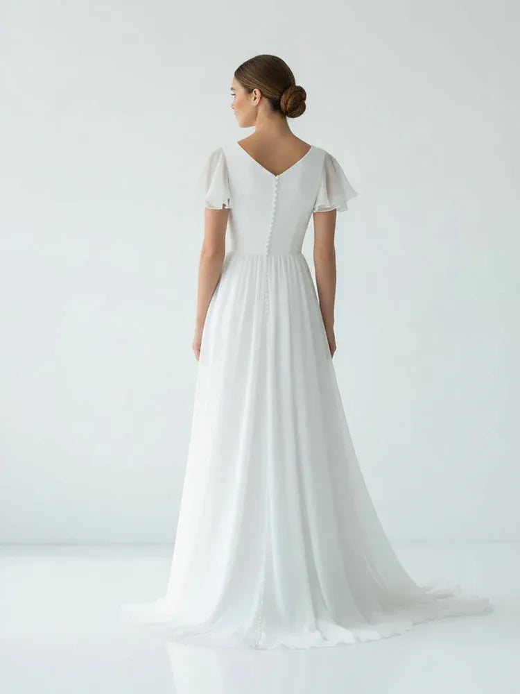 Classic A Line V Neck Short Sleeve Ruffles Chiffon Sweep Train Wedding Dress