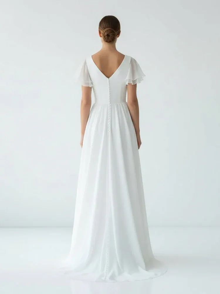 Classic A Line V Neck Short Sleeve Ruffles Chiffon Sweep Train Wedding Dress