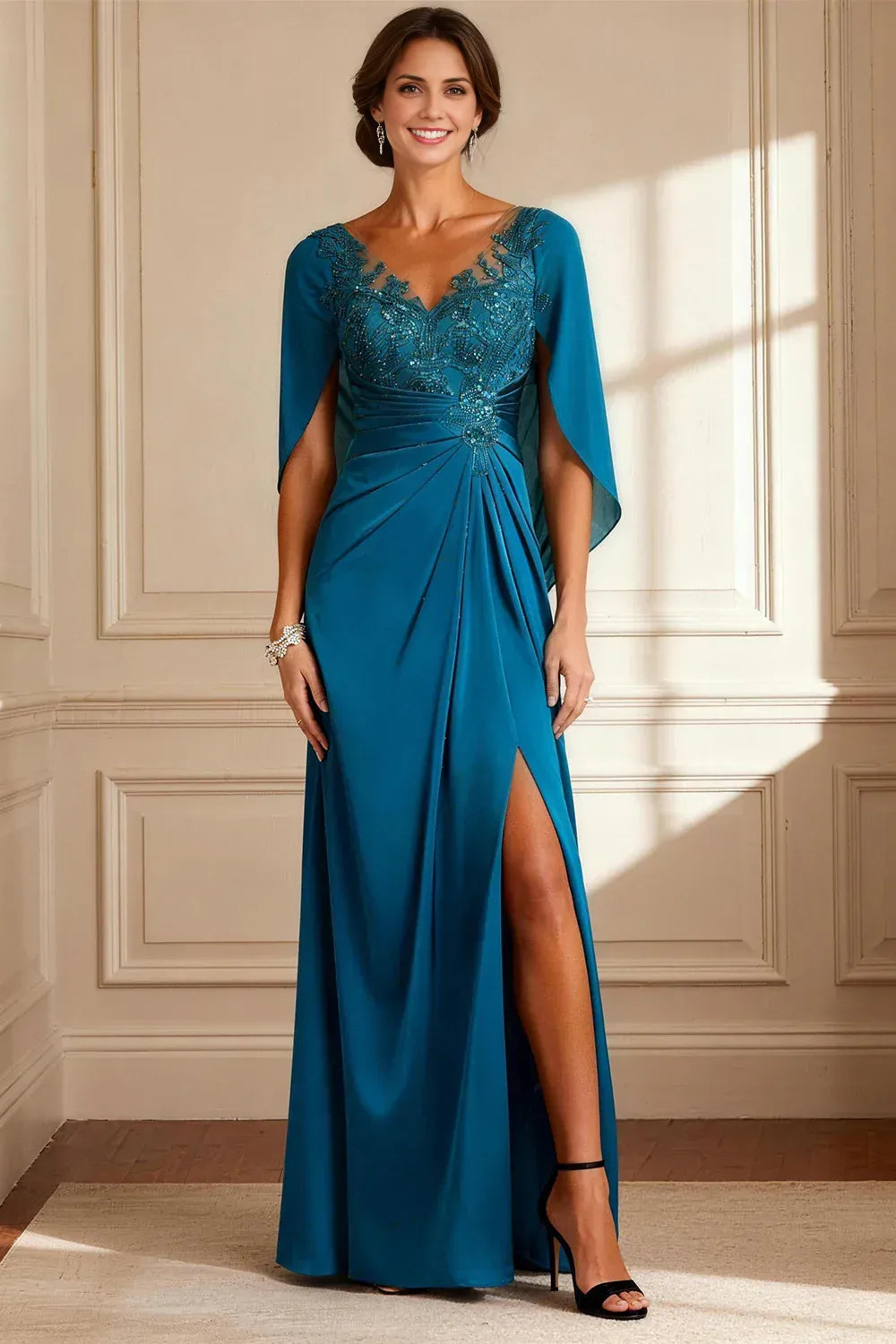 Classic Bodycon V Neck Cape Chiffon Appliques Floor-Length Mother of the Bride Dress