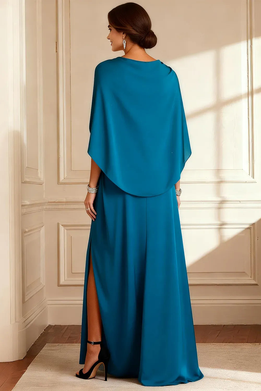 Classic Bodycon V Neck Cape Chiffon Appliques Floor-Length Mother of the Bride Dress